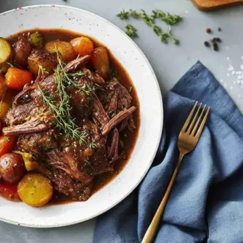 Tender Slow Cooker Pot Roast with Vegetables 3 Juicy slow cooker pot roast with carrots, potatoes, and rich brown gravy.