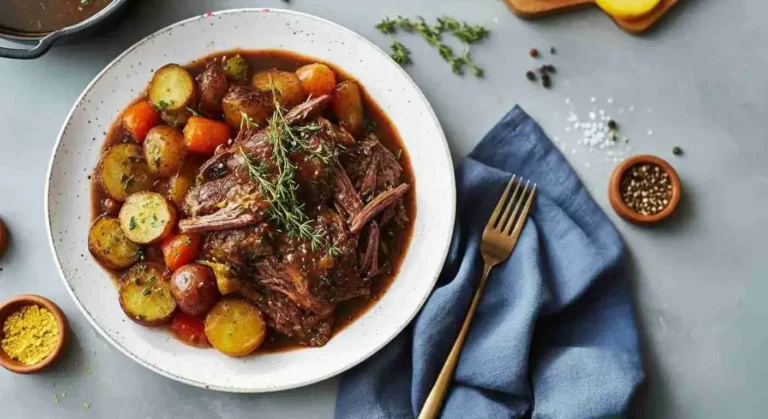 Tender Slow Cooker Pot Roast with Vegetables 9 Juicy slow cooker pot roast with carrots, potatoes, and rich brown gravy.