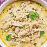 Serving of white chicken chili with toppings like avocado, lime, and cilantro.
