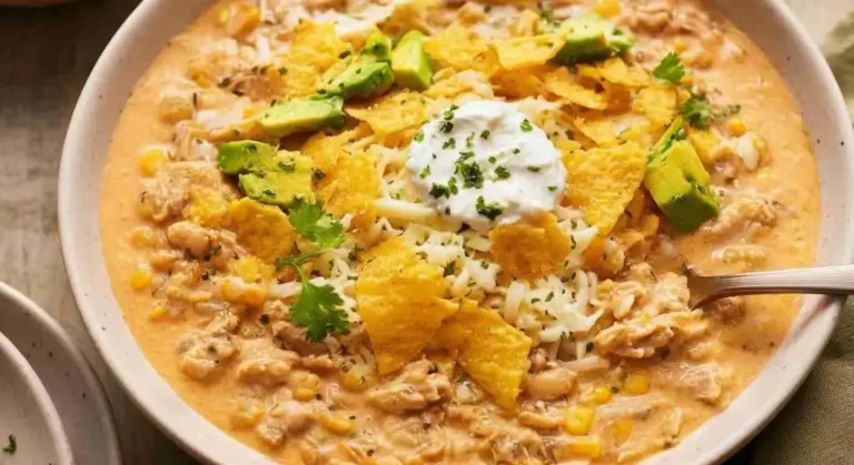 Easy White Chicken Chili Recipe 10 Bowl of creamy white chicken chili topped with cilantro, lime, and tortilla chips.