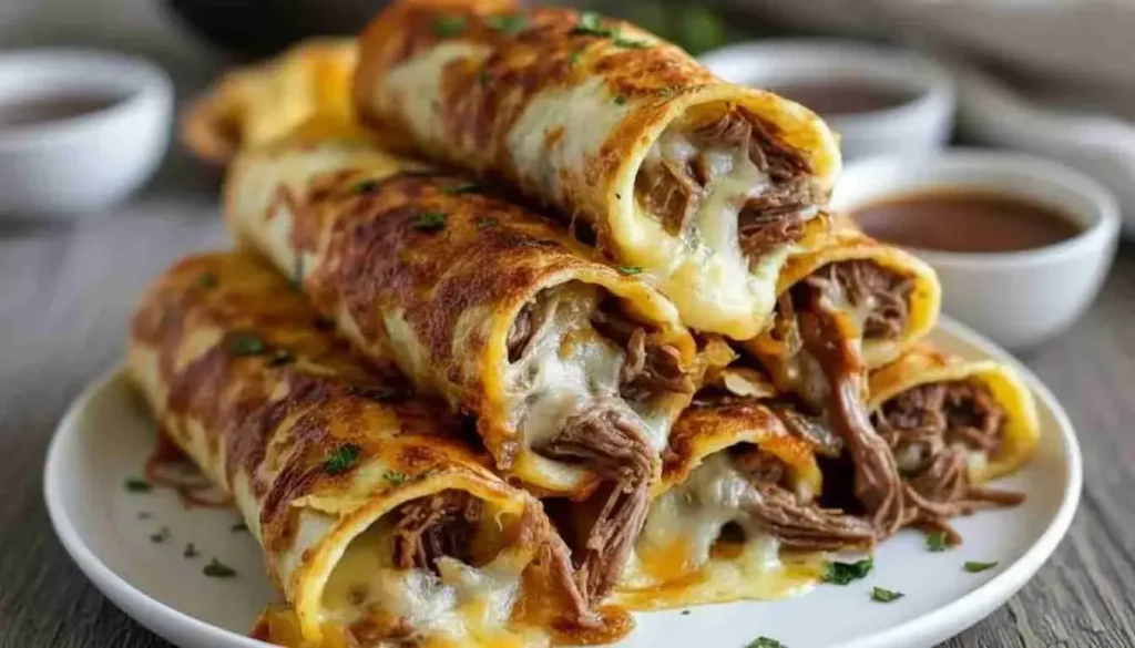Crispy baked French dip tortilla roll ups on a platter with au jus