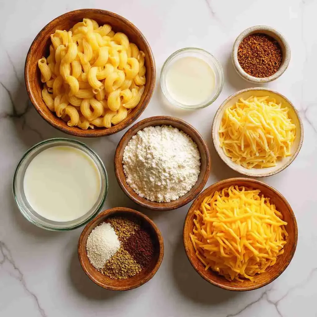 Ingredients for healthy baked mac and cheese on counter