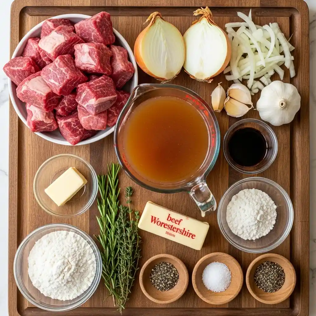 Beef Tips and Gravy Recipe 2 ingredients for beef tips and gravy arranged neatly on a board