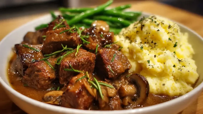 hearty beef tips in rich brown gravy served over mashed potatoes