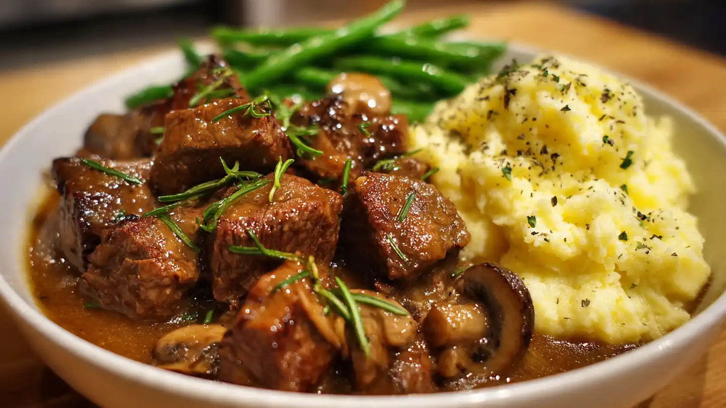 Beef Tips and Gravy Recipe 1 hearty beef tips in rich brown gravy served over mashed potatoes