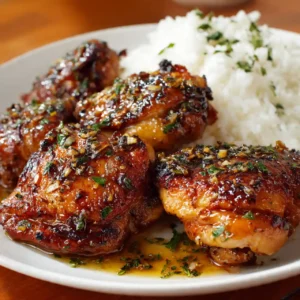 brown sugar garlic chicken plated with rice and vegetables