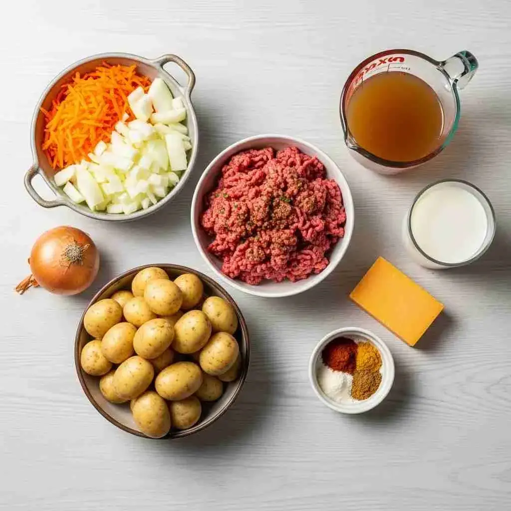 Ingredients for homemade cheeseburger soup with baby potatoes