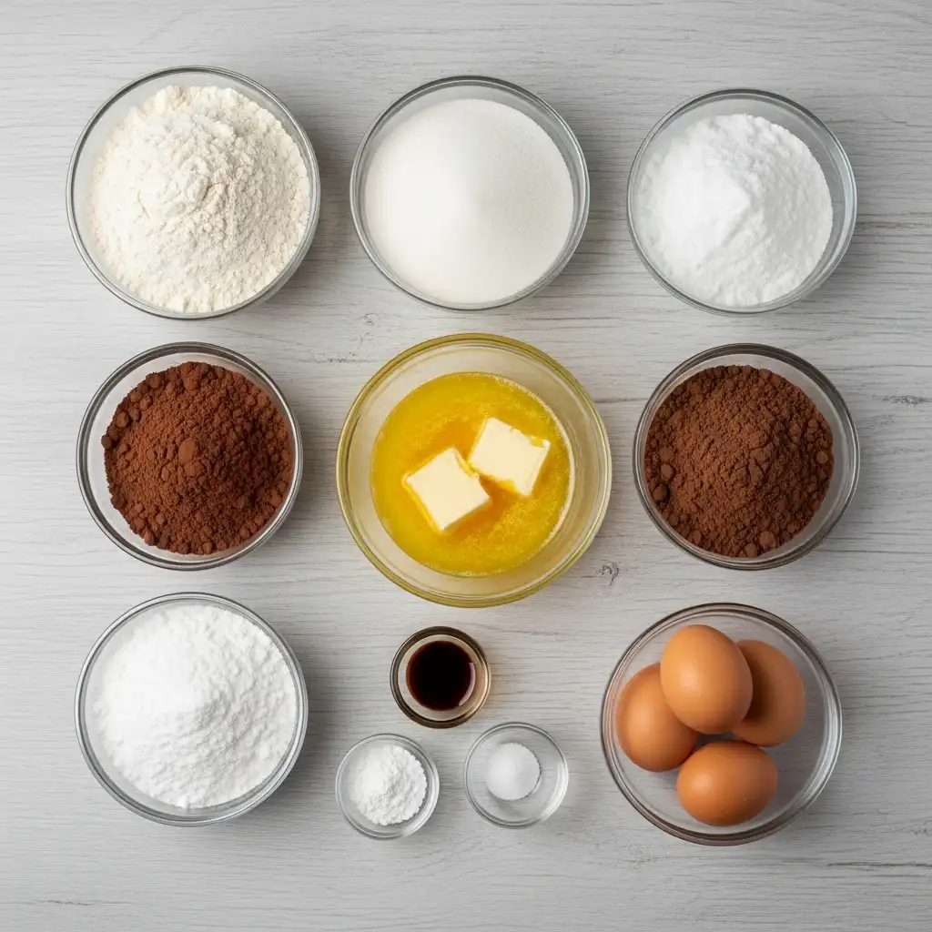 top view of ingredients for chocolate crinkle cookies recipe