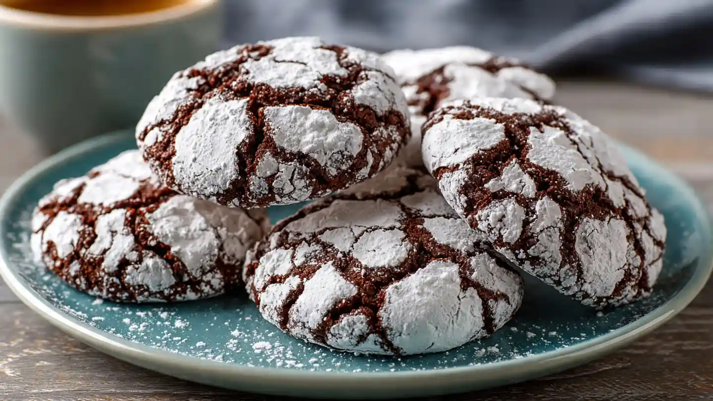 chocolate crinkle cookies with crackled powdered sugar tops on a plate