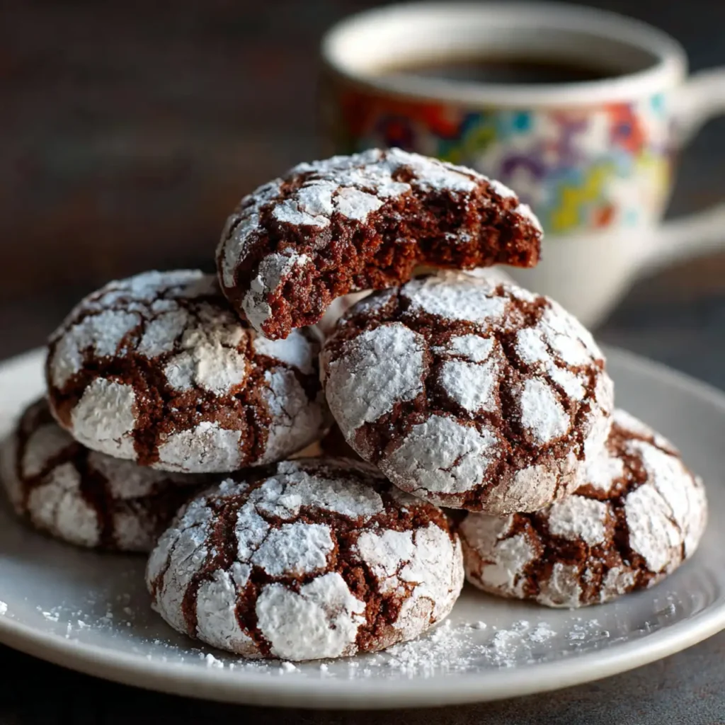 serving of chocolate crinkle cookies on a plate with coffee