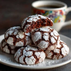 serving of chocolate crinkle cookies on a plate with coffee