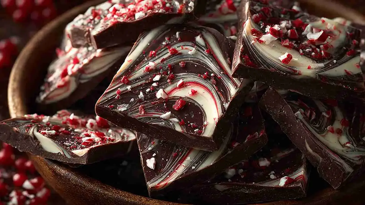 Homemade chocolate peppermint bark with crushed candy canes