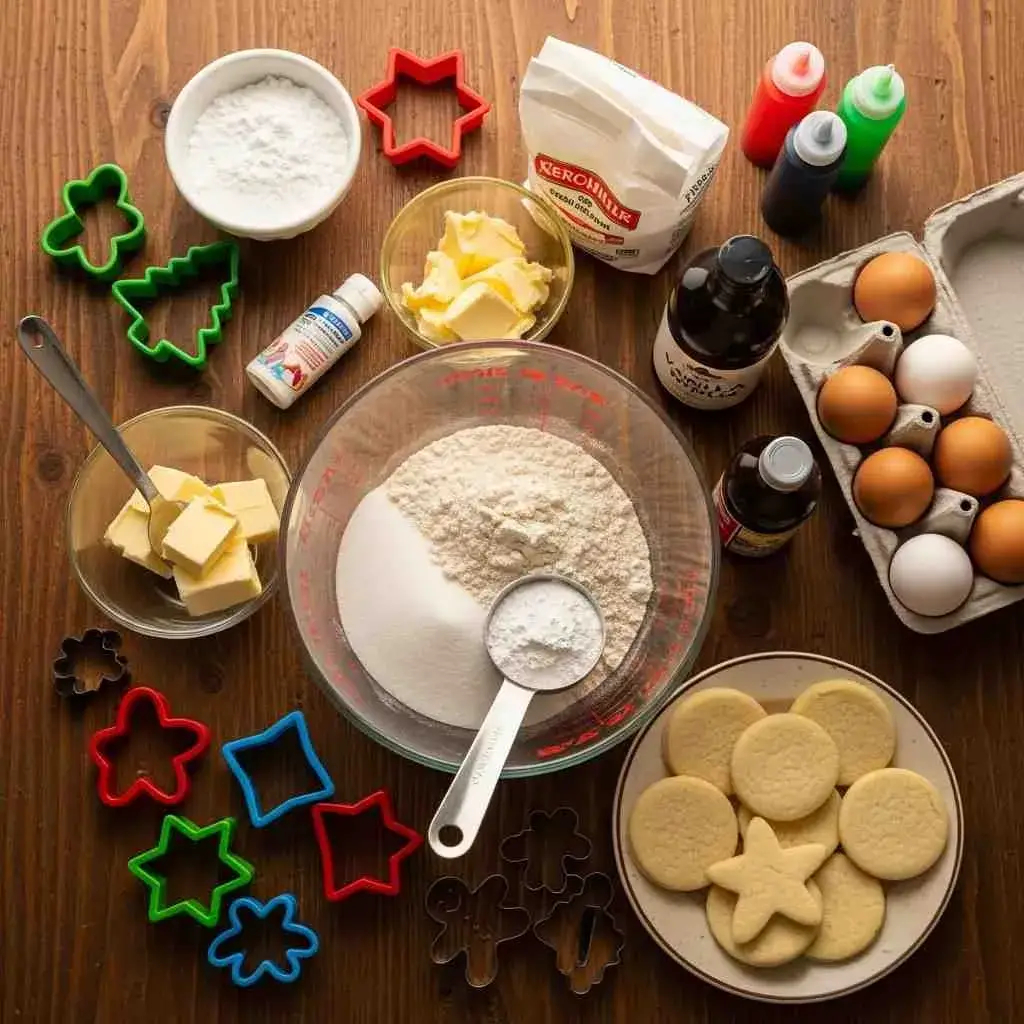 Soft Frosted Christmas Cookies recipe 2 Ingredients for soft frosted Christmas cookies laid out on a table