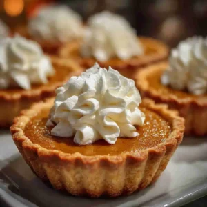 Close-up of a mini pumpkin pie with whipped cream topping