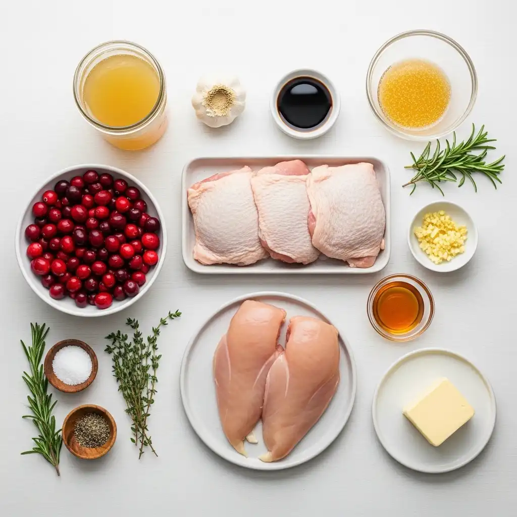 ingredients for cranberry balsamic chicken arranged on a board