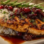 skillet of cranberry balsamic chicken with glossy sauce