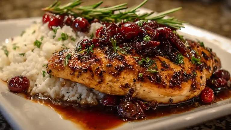 skillet of cranberry balsamic chicken with glossy sauce