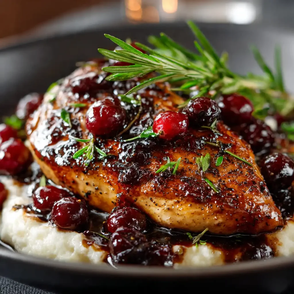 cranberry balsamic chicken served with mashed potatoes and herbs