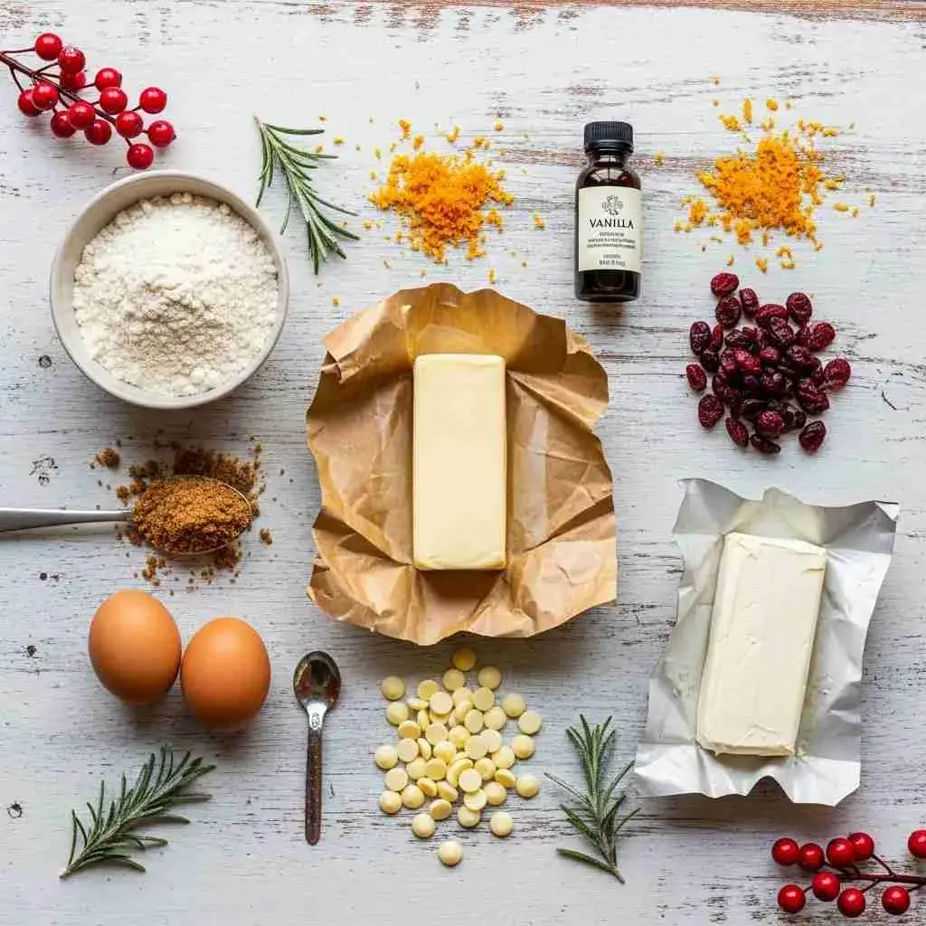 ingredients for easy cranberry bliss bars laid out on a counter
