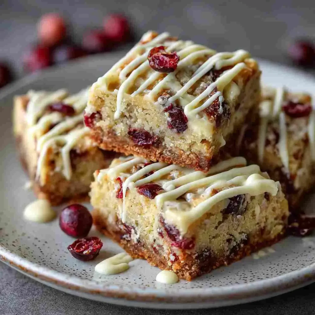 sliced cranberry bliss bars served on a plate with white chocolate drizzle