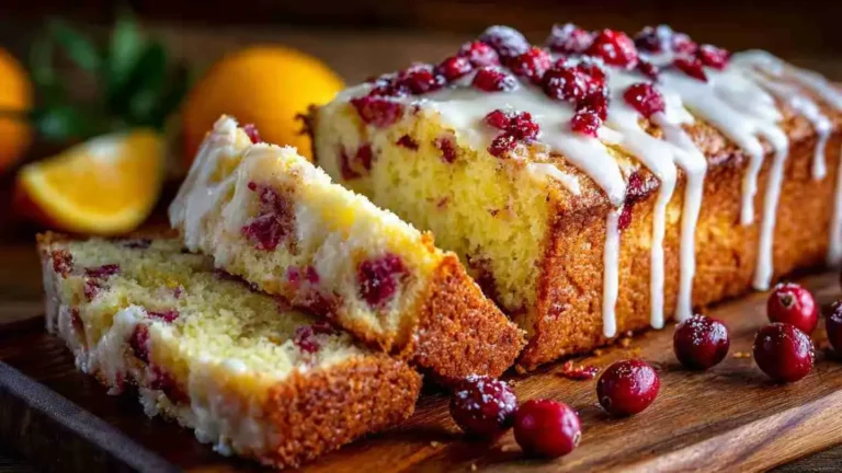 Cranberry Orange Loaf Cake on a wooden cutting board with slices