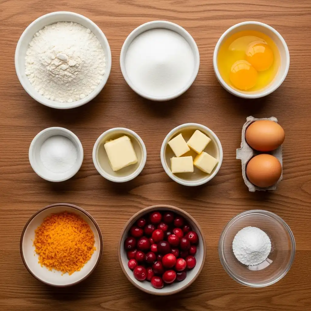 Ingredients for Cranberry Orange Loaf Cake on wooden surface
