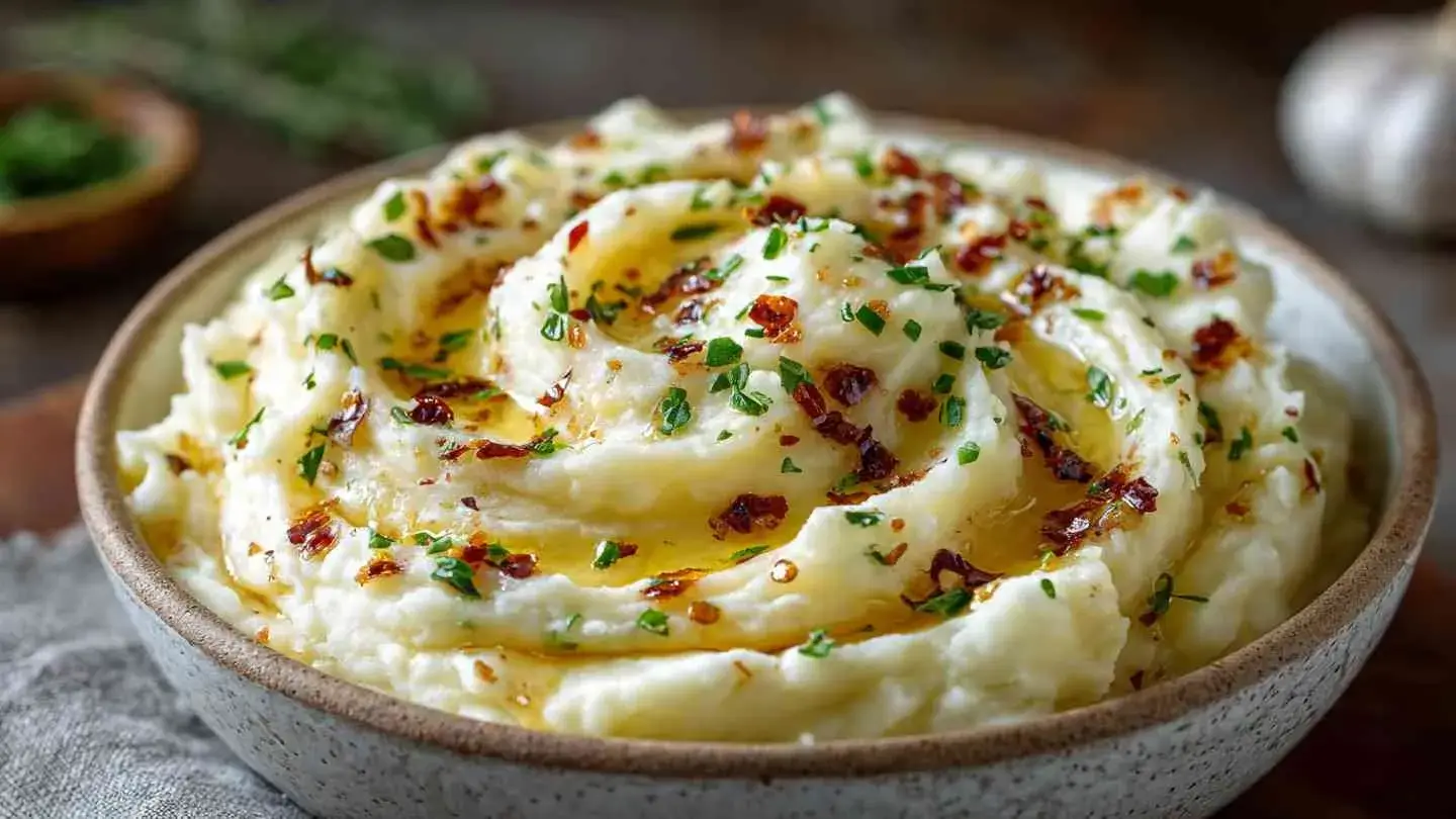 Creamy garlic mashed potatoes in a serving bowl with melted butter
