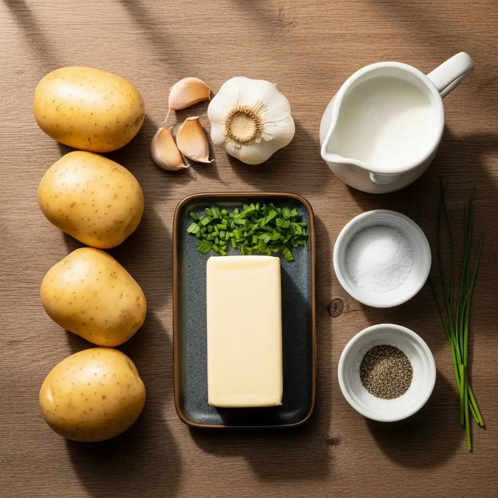 Ingredients for creamy garlic mashed potatoes on wooden surface