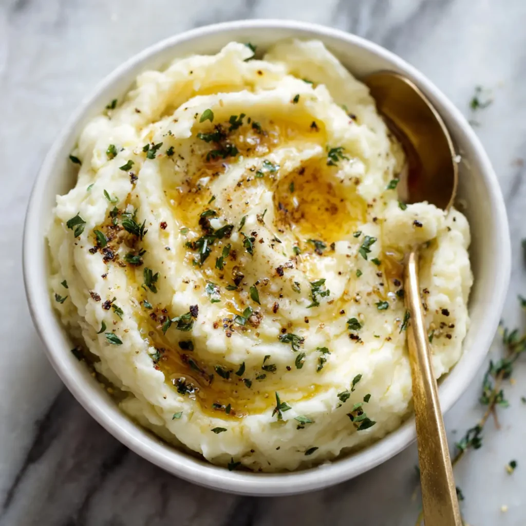 Creamy garlic mashed potatoes served with herbs and gravy