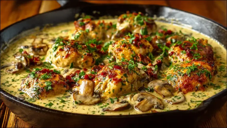 Creamy mushroom chicken in skillet with herbs and sauce