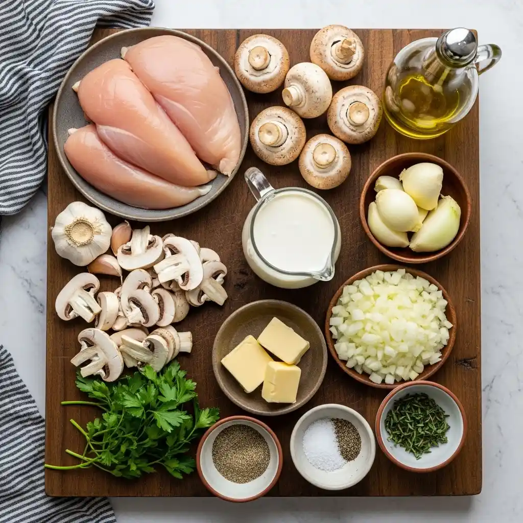 Ingredients for creamy mushroom chicken on wooden board