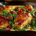 creamy tuscan chicken in skillet with spinach and sun-dried tomatoes