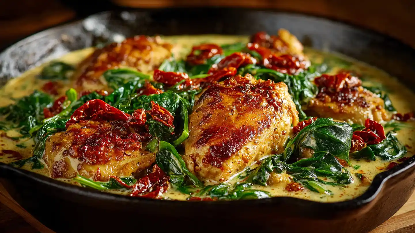 creamy tuscan chicken in skillet with spinach and sun-dried tomatoes