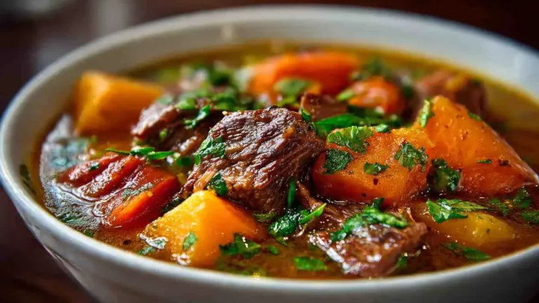 crockpot sweet potato beef stew served in a bowl with tender beef and vegetables
