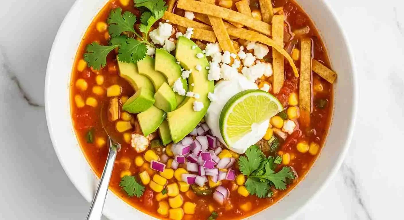 Hearty Crockpot vegetarian tortilla soup topped with avocado and tortilla strips
