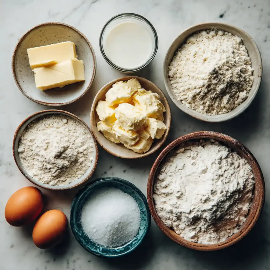ingredients for homemade buttery dinner rolls arranged overhead