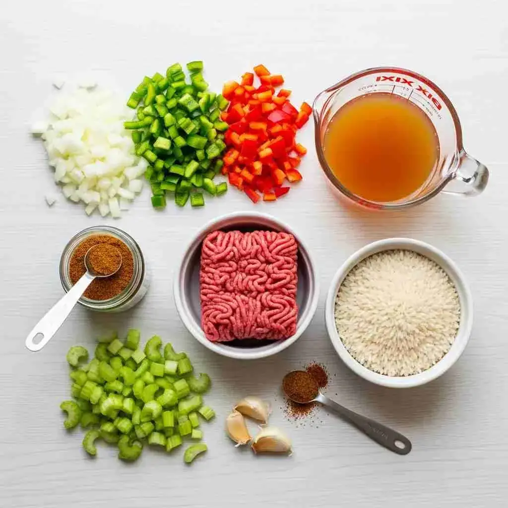 Ingredients for dirty rice with ground beef