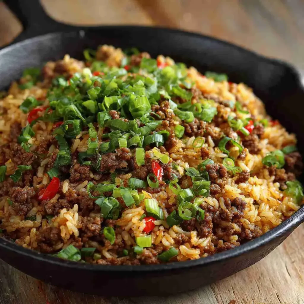 Serving of dirty rice with ground beef garnished with parsley