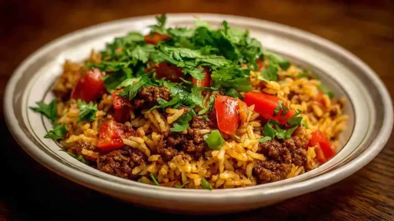Bowl of dirty rice with ground beef and vegetables