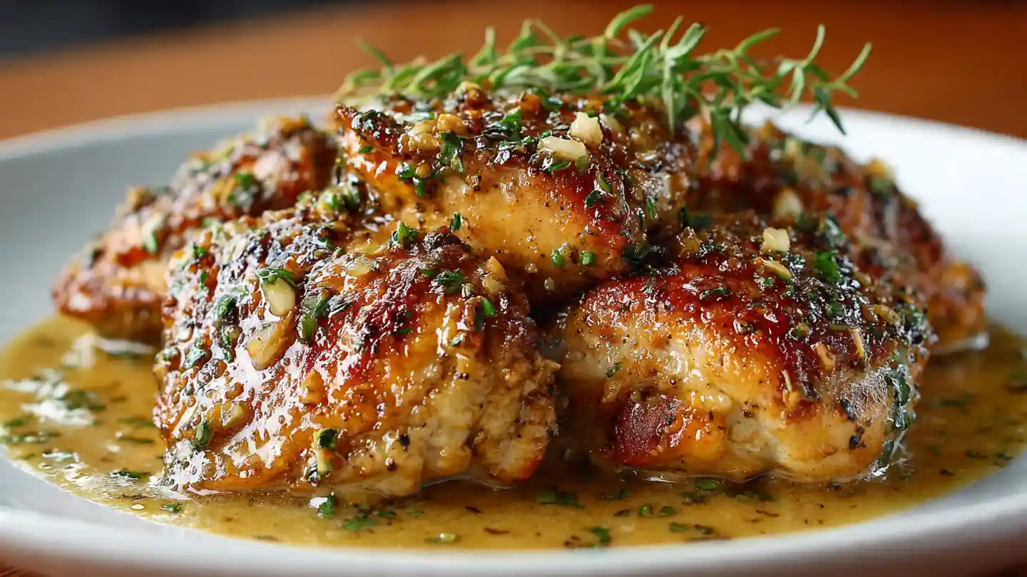 glazed brown sugar garlic chicken on a skillet