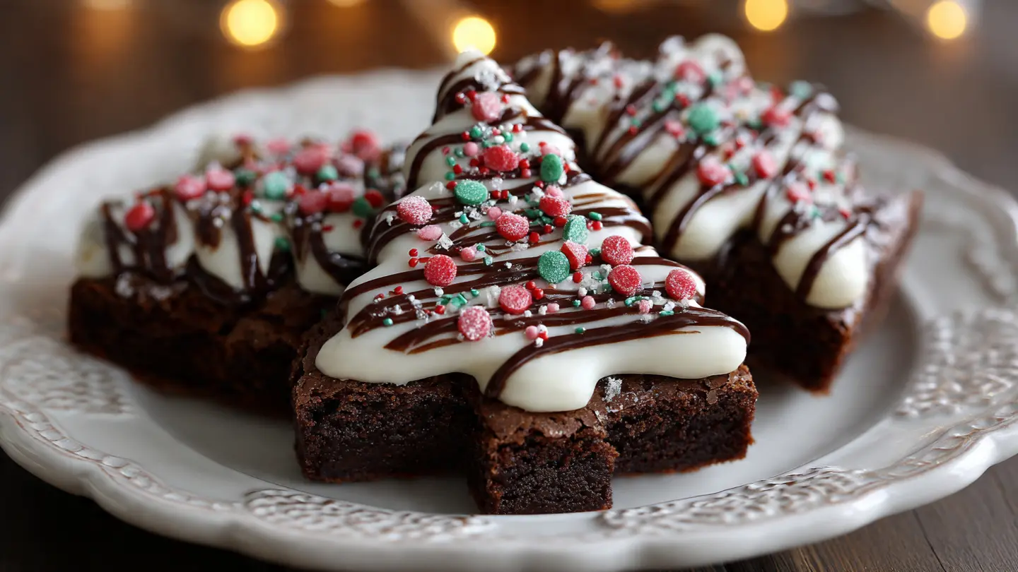 Easy Christmas Tree Brownies Recipe 1 Christmas tree brownies decorated with frosting and sprinkles