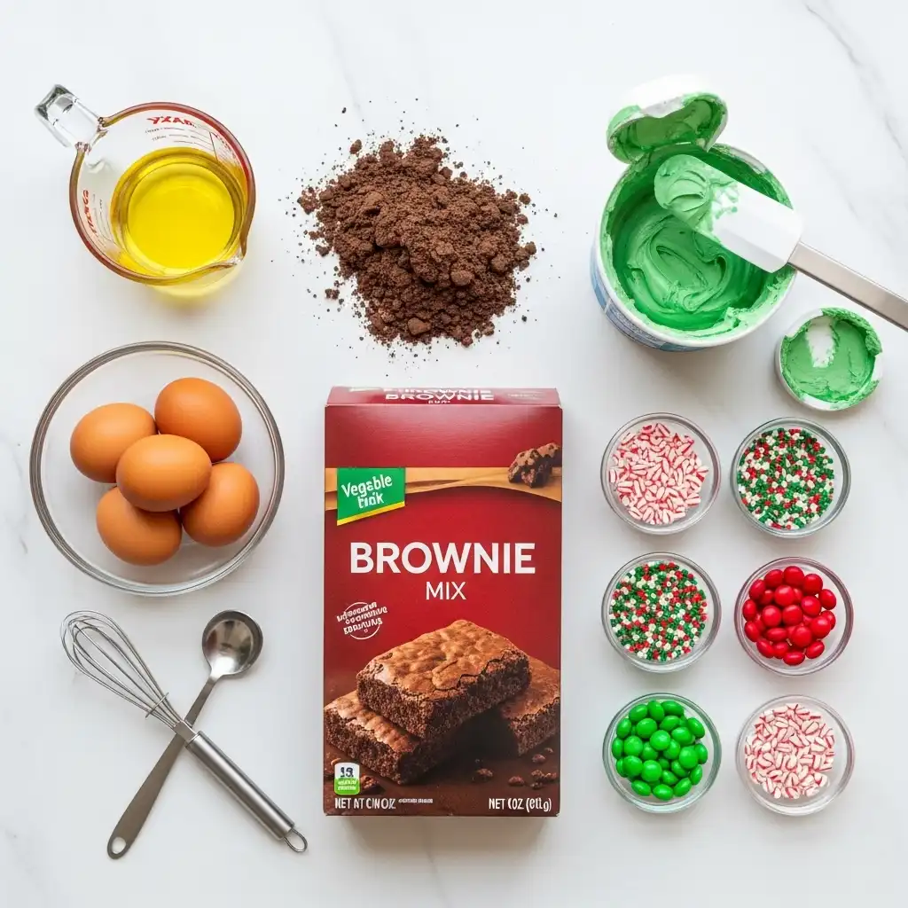 Easy Christmas Tree Brownies Recipe 2 Ingredients for easy Christmas tree brownies flat lay