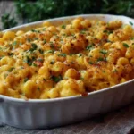 Creamy healthy baked mac and cheese in casserole dish