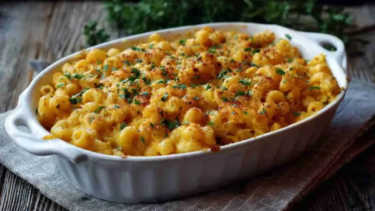 Creamy healthy baked mac and cheese in casserole dish