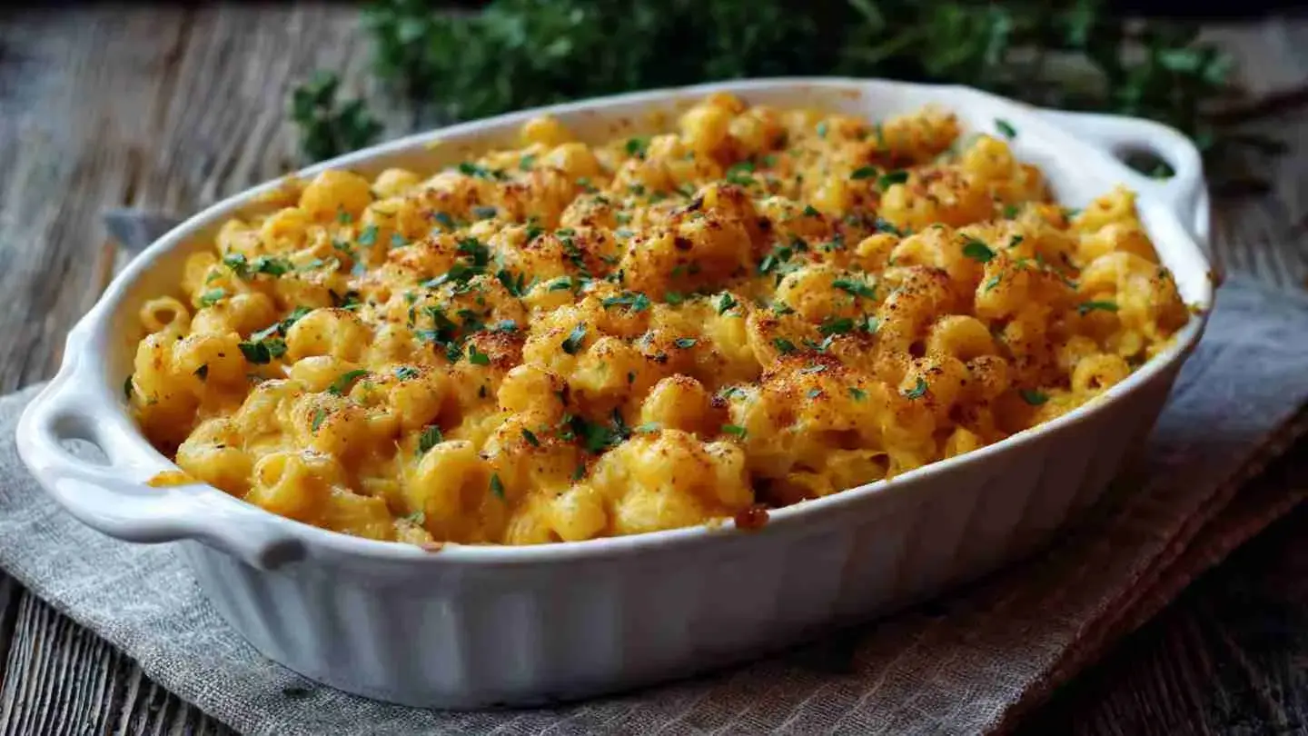 Creamy healthy baked mac and cheese in casserole dish