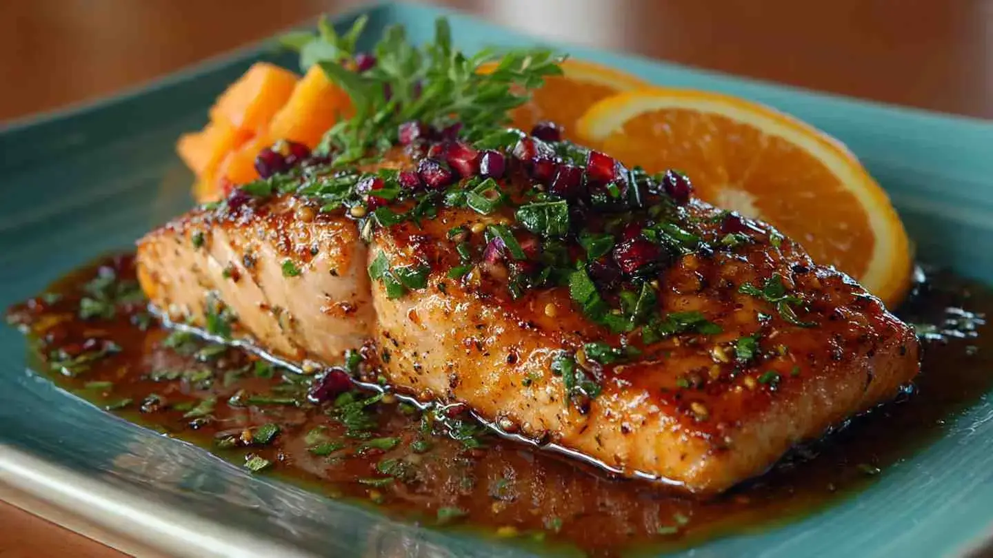 Easy orange glazed salmon fillets on plate
