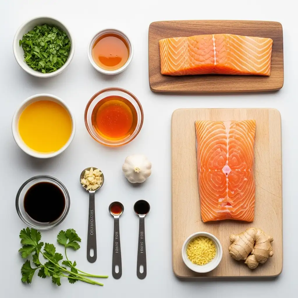 Ingredients for easy orange glazed salmon flat lay