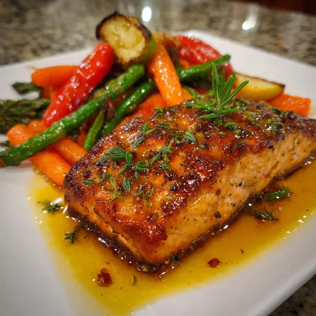 Orange glazed salmon plated with vegetables