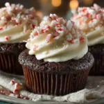 “easy peppermint mocha cupcakes with frosting and crushed candy canes