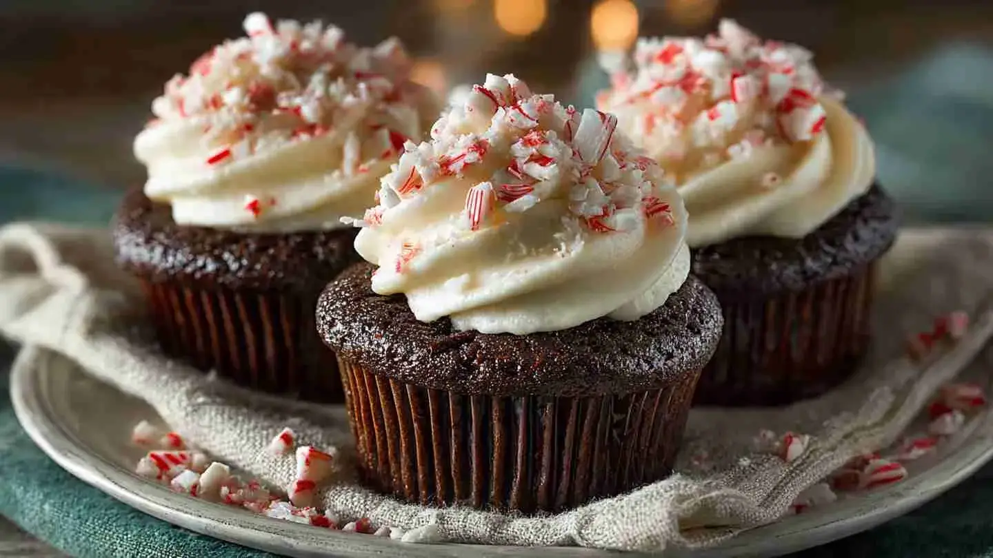 “easy peppermint mocha cupcakes with frosting and crushed candy canes